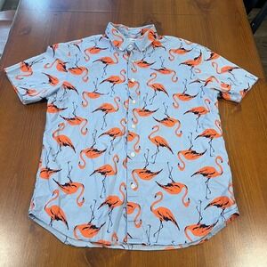 Old Navy Mens Medium Flamingo‎ Shirt Blue/Pink Short Sleeve Button Down